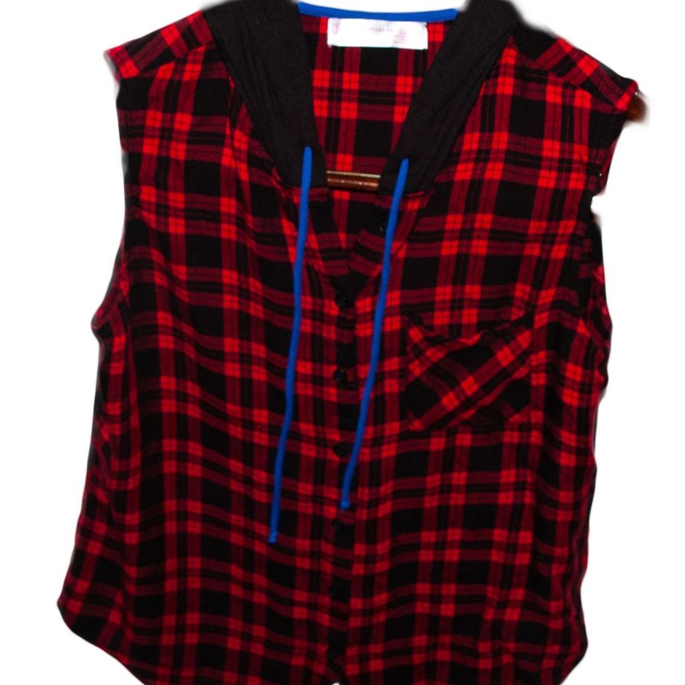 Sleeveless Red Plaid Hoodie